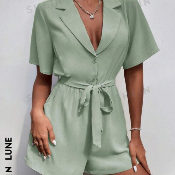 NWOT SHEIN LUNE Lapel Neck Belted Shirt Romper in Mint Green size L - Picture 6 of 9
